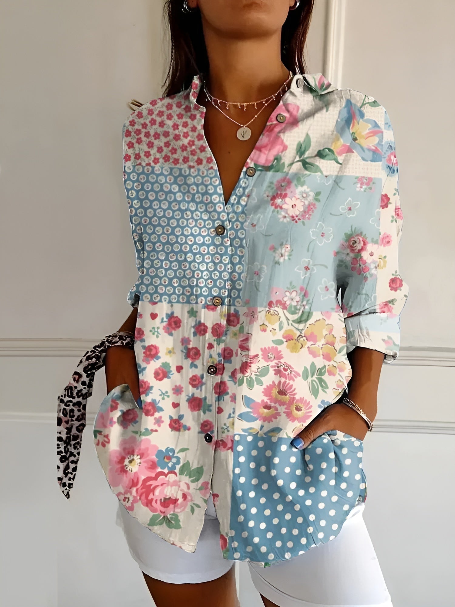 Abstract Print Split Neck Blouse for Women