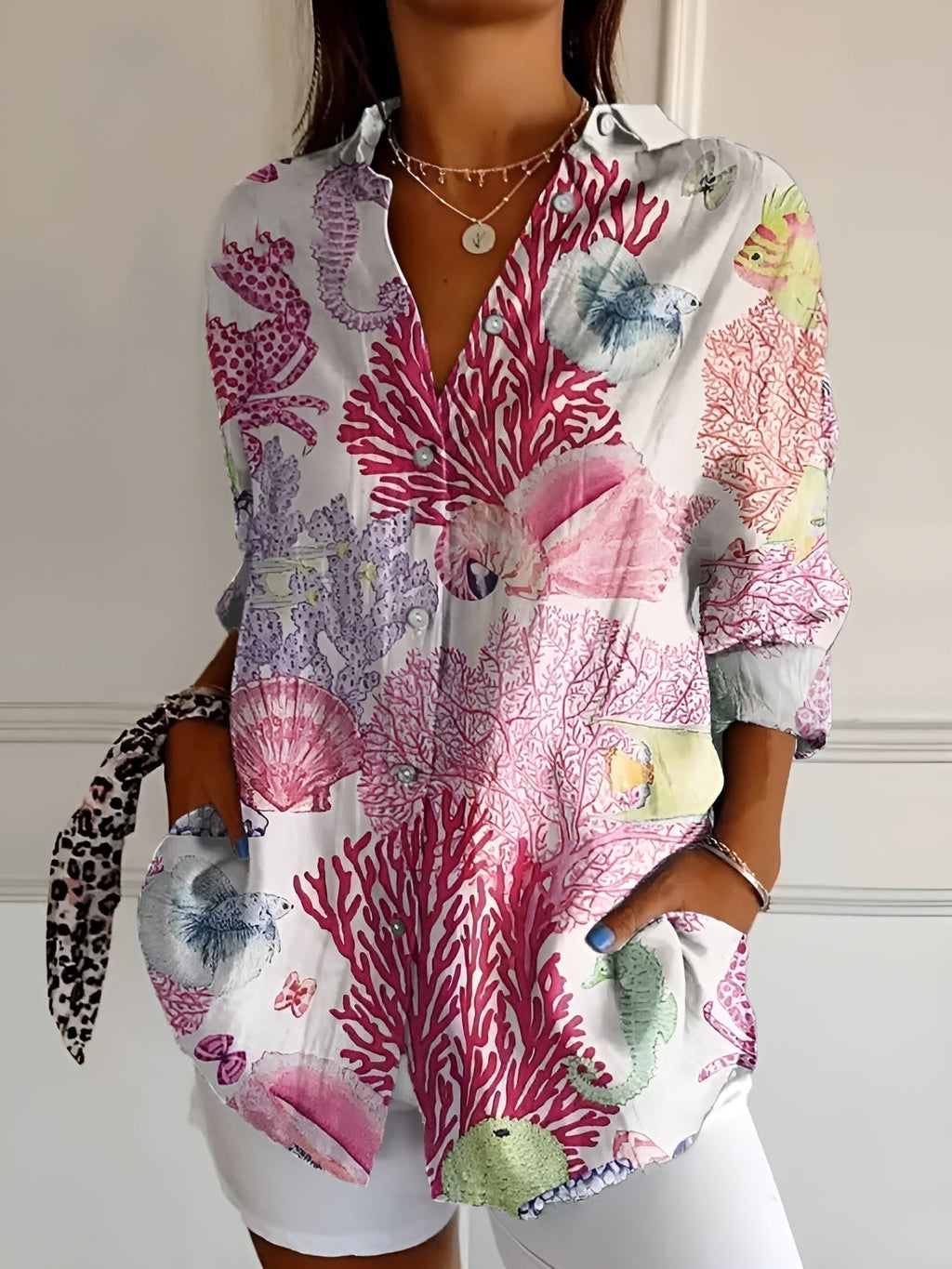 Abstract Print Split Neck Blouse for Women