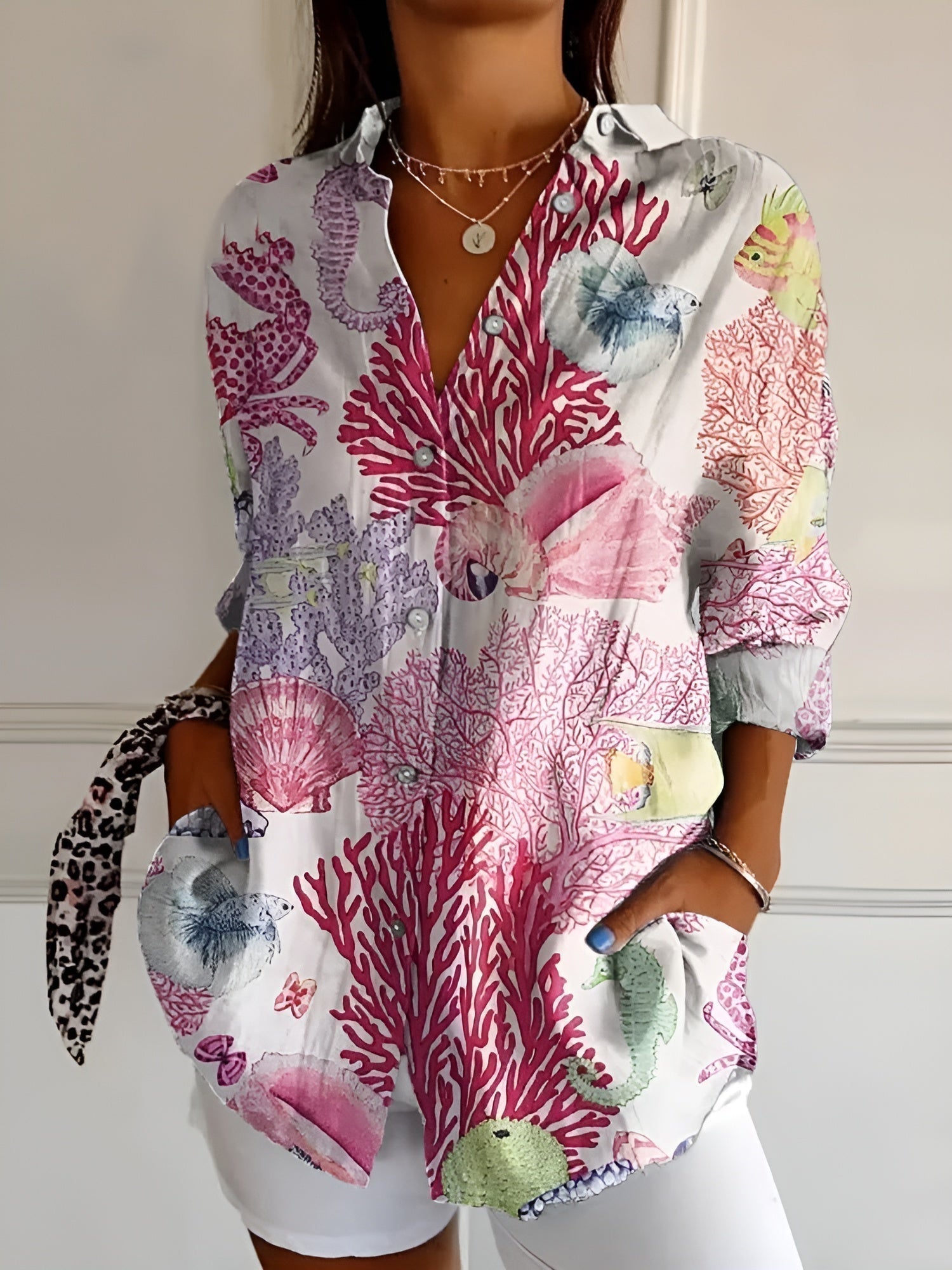 Abstract Print Split Neck Blouse for Women
