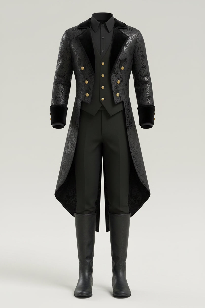 Black and Gold Embossed Victorian Tailored Costume Coat for Men | Halloween