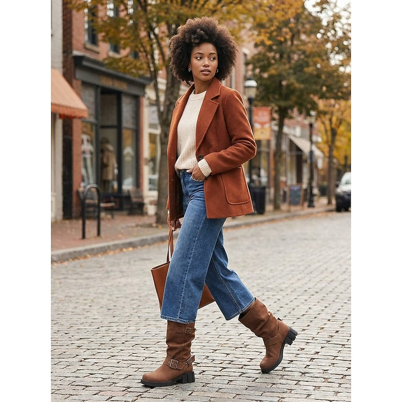 Mid Calf Vintage Buckle Biker Boots with Block Heel and Lug Sole for Women