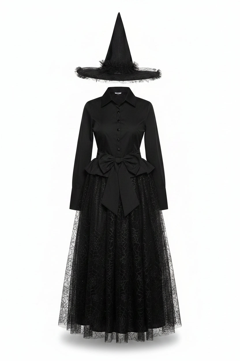 Black Spiderweb Lace Witch Dress and Hat Costume for Women | Halloween Party