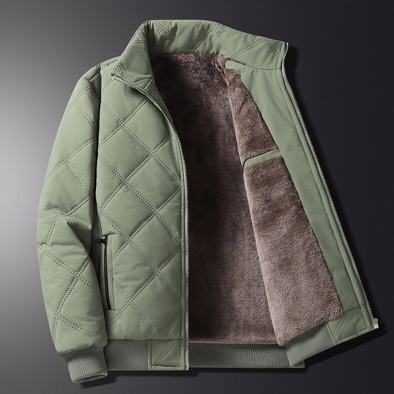 Diamond Quilted Fleece Lined Stand Collar Full Zip Winter Jacket for Men