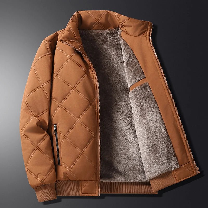 Diamond Quilted Fleece Lined Stand Collar Full Zip Winter Jacket for Men