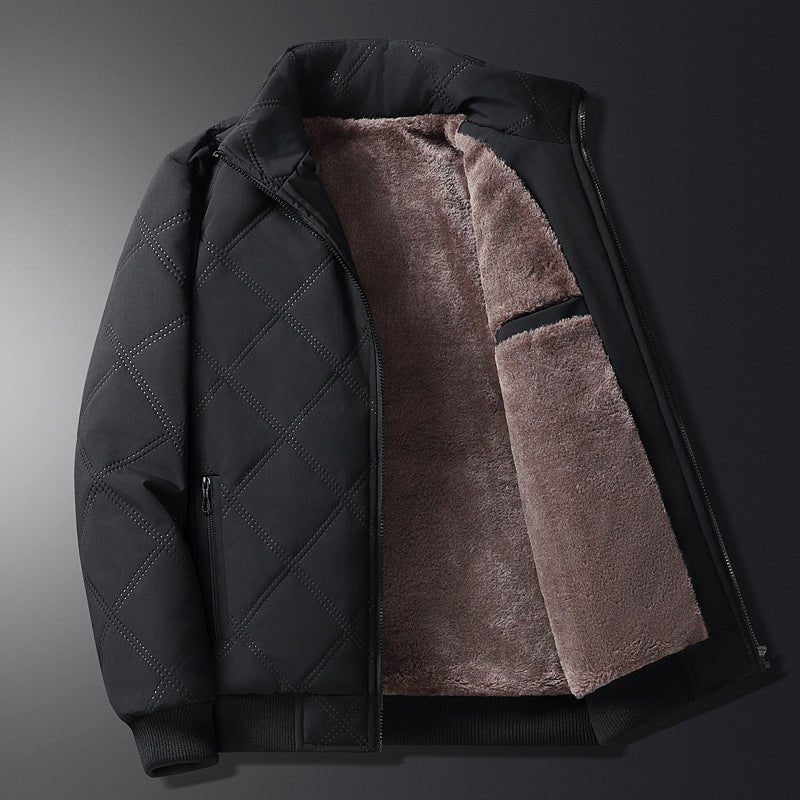 Diamond Quilted Fleece Lined Stand Collar Full Zip Winter Jacket for Men