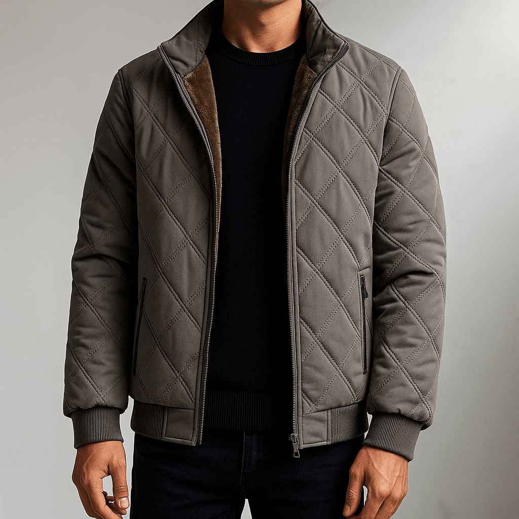 Diamond Quilted Fleece Lined Stand Collar Full Zip Winter Jacket for Men