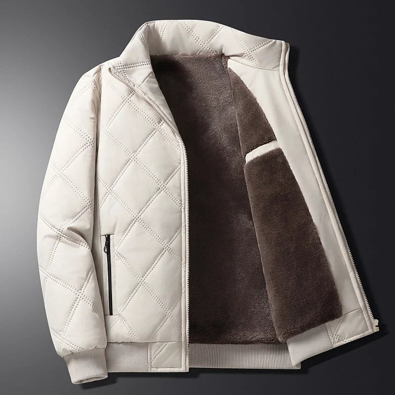 Diamond Quilted Fleece Lined Stand Collar Full Zip Winter Jacket for Men