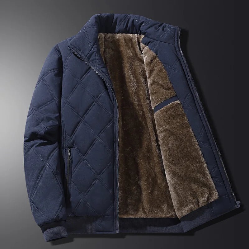 Diamond Quilted Fleece Lined Stand Collar Full Zip Winter Jacket for Men