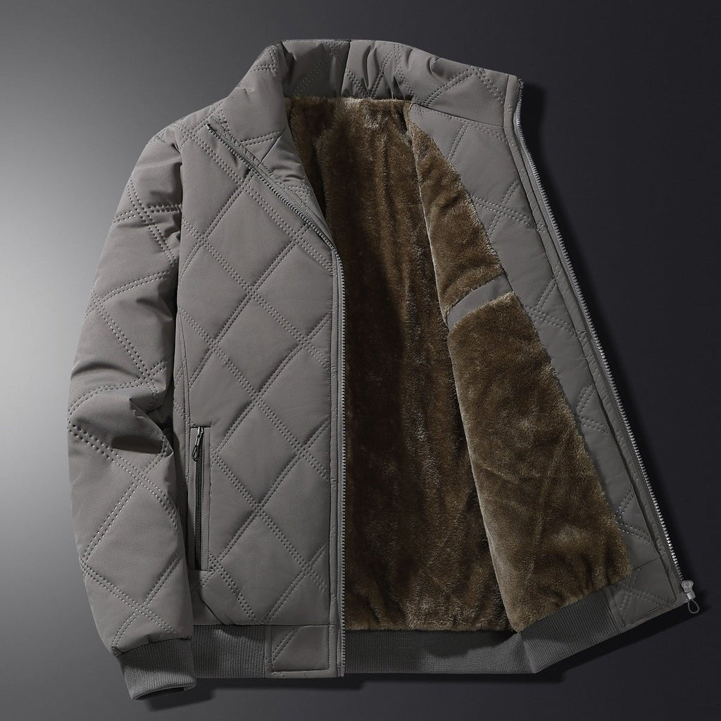 Diamond Quilted Fleece Lined Stand Collar Full Zip Winter Jacket for Men