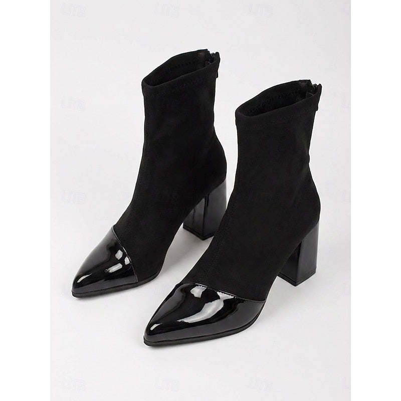 Stretch Shaft Cap Toe Chunky Block Heel Ankle Boots for Women | Slip On Style