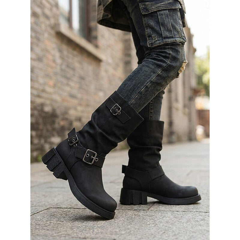 Mid Calf Vintage Buckle Biker Boots with Block Heel and Lug Sole for Women