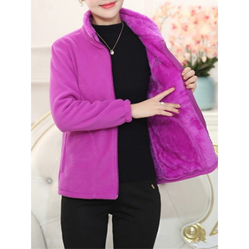 Plush Lined Loose Fit Stand Collar Full Zip Jacket with Pockets for Women