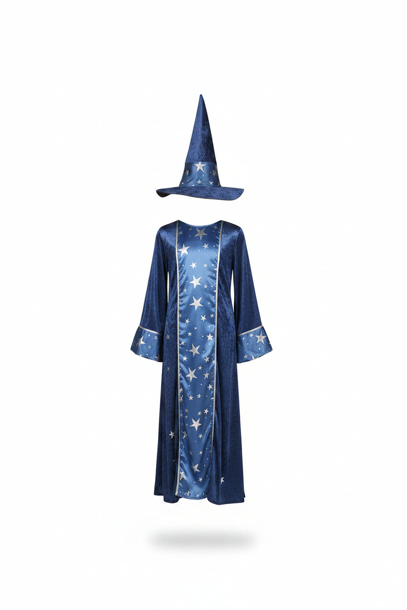 Dark Blue Silver Star Wizard Robe and Pointed Hat Costume for Kids | Halloween