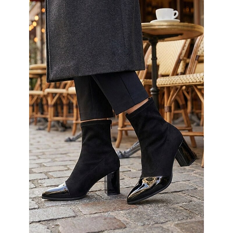 Stretch Shaft Cap Toe Chunky Block Heel Ankle Boots for Women | Slip On Style