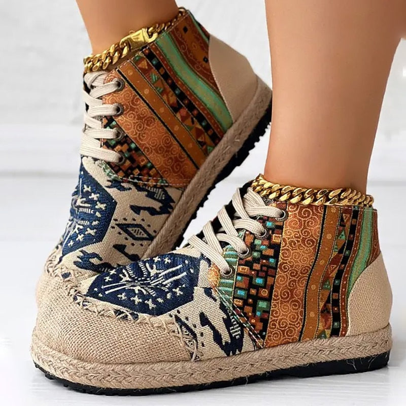 Bohemian Patterned Platform High Top Sneakers for Women | Lace Up Casual Wear